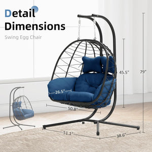 Double Egg Chair wth Stand Hammock Swing Chair Foldable Hanging Loveseat, UV Resistant Removable Cushions, 700LBS Capacity for Bedroom - Wigtrends
