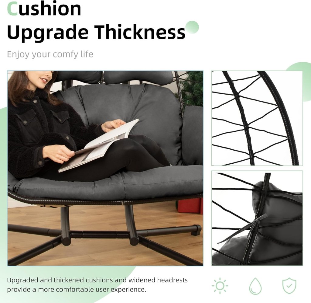 Double Egg Chair wth Stand Hammock Swing Chair Foldable Hanging Loveseat, UV Resistant Removable Cushions, 700LBS Capacity for Bedroom - Wigtrends