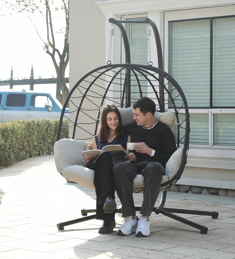 Double Egg Chair wth Stand Hammock Swing Chair Foldable Hanging Loveseat, UV Resistant Removable Cushions, 700LBS Capacity for Bedroom - Wigtrends