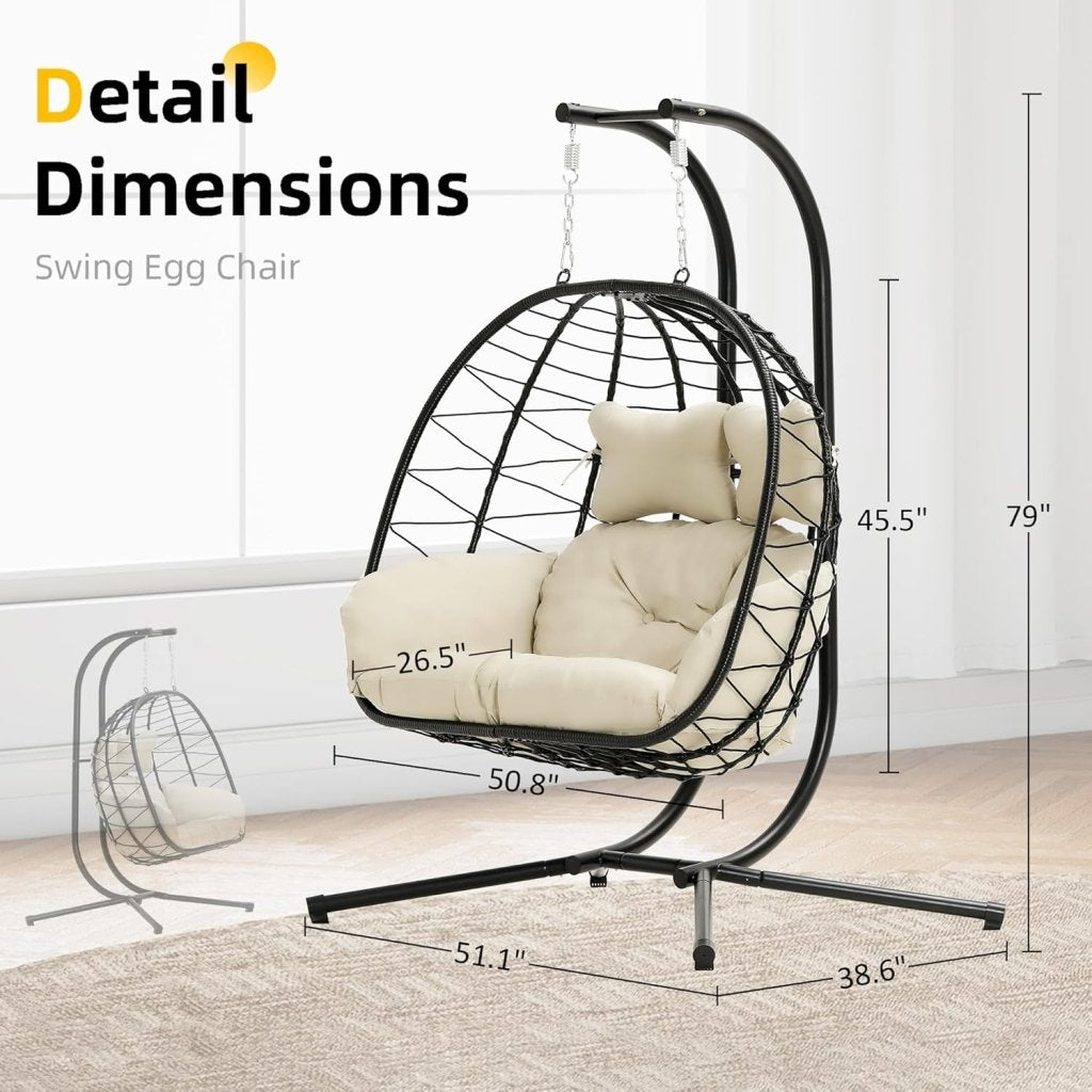 Double Egg Chair wth Stand Hammock Swing Chair Foldable Hanging Loveseat, UV Resistant Removable Cushions, 700LBS Capacity for Bedroom - Wigtrends