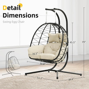 Double Egg Chair wth Stand Hammock Swing Chair Foldable Hanging Loveseat, UV Resistant Removable Cushions, 700LBS Capacity for Bedroom - Wigtrends