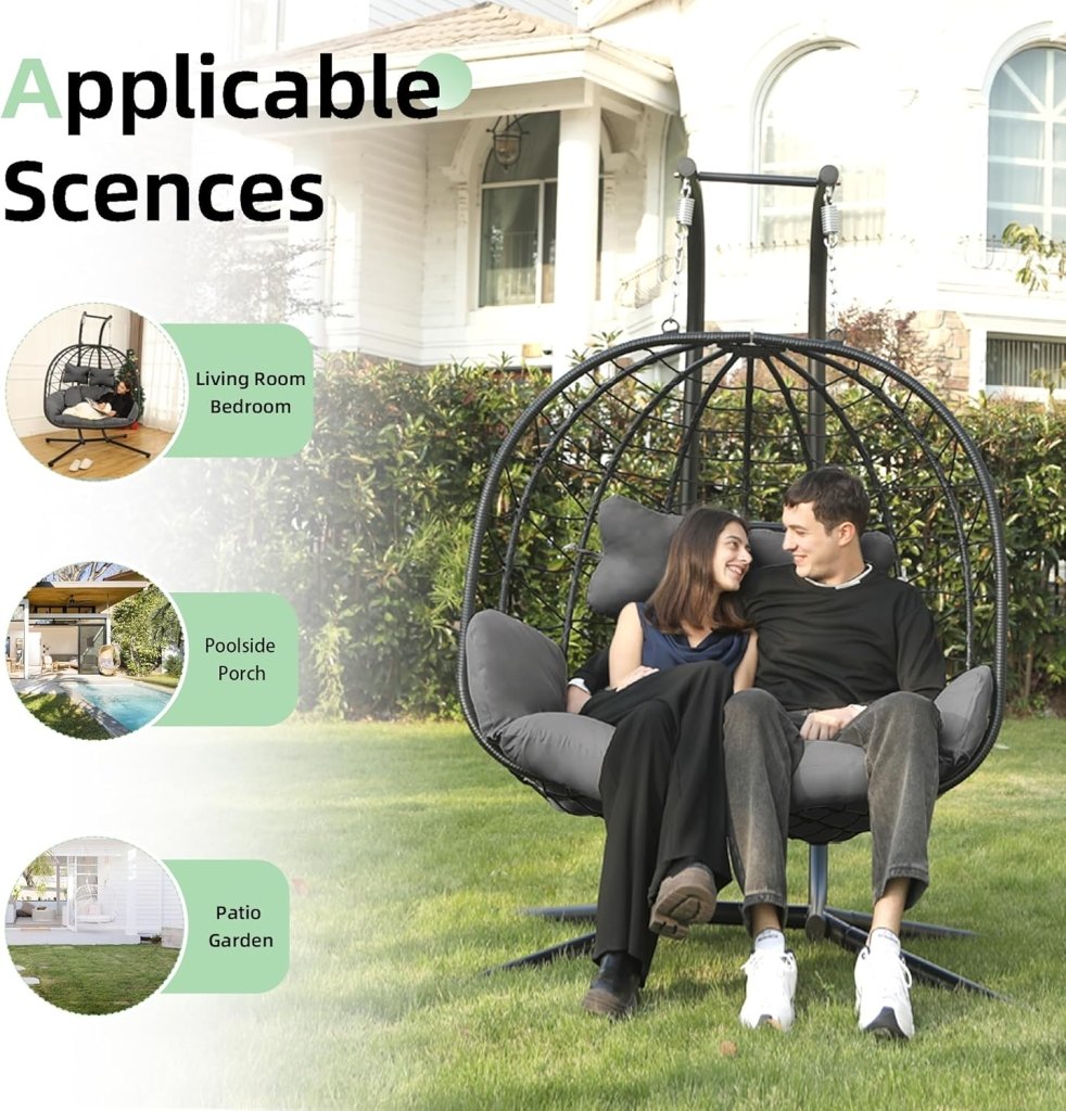 Double Egg Chair wth Stand Hammock Swing Chair Foldable Hanging Loveseat, UV Resistant Removable Cushions, 700LBS Capacity for Bedroom - Wigtrends