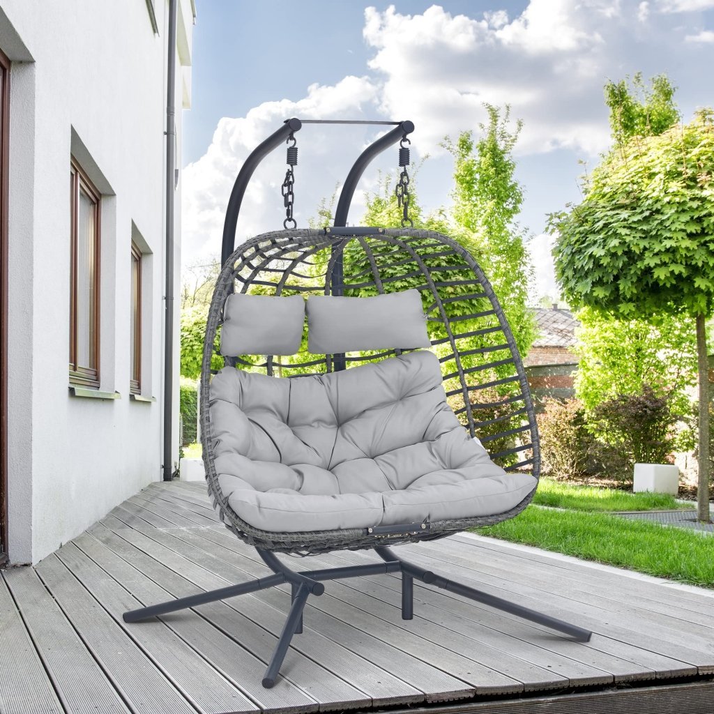 Double Swing Egg Chair with Stand, Large Hand - Woven Wicker Rattan Hanging Chair for 2 People - Wigtrends