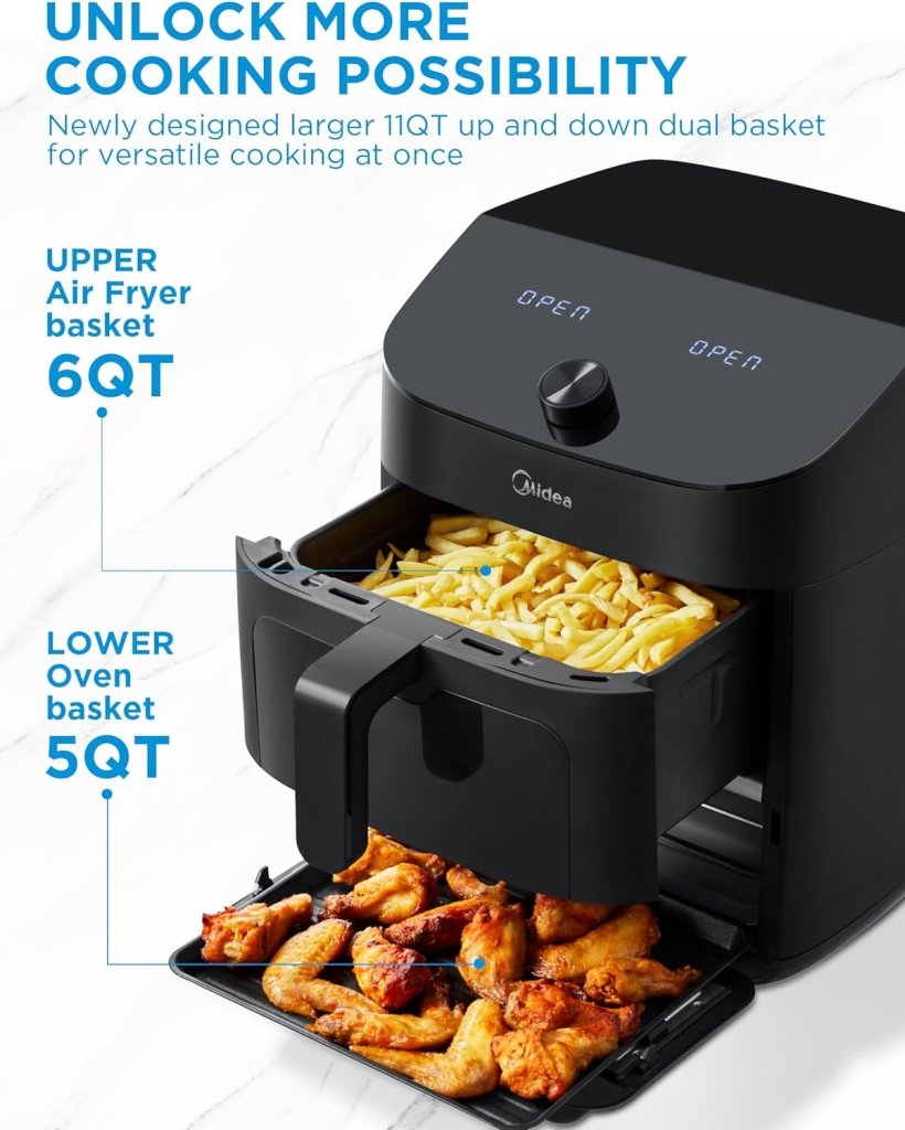 Dual Basket Air Fryer Oven 11 Quart 8 in 1 Functions, Clear Window, Smart Sync Finish, Works with Alexa, Wi - Fi Connectivity, 50+ App Recipes for family meals, Bake, Roast, Grill, Broil, Toast - Wigtrends
