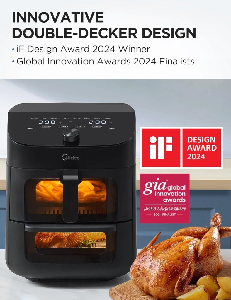 Dual Basket Air Fryer Oven 11 Quart 8 in 1 Functions, Clear Window, Smart Sync Finish, Works with Alexa, Wi - Fi Connectivity, 50+ App Recipes for family meals, Bake, Roast, Grill, Broil, Toast - Wigtrends
