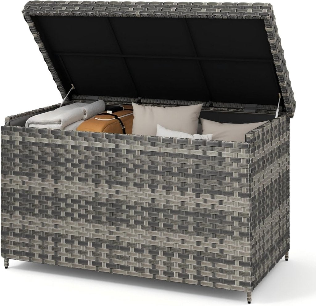 DWVO 70Gal Outdoor Storage Bench with Cushion & Composite Wood Backrest, All - Weather Wicker Deck Bench with Rustproof Bag, Poolside, Patio, Garden (Sand Beige) - Wigtrends