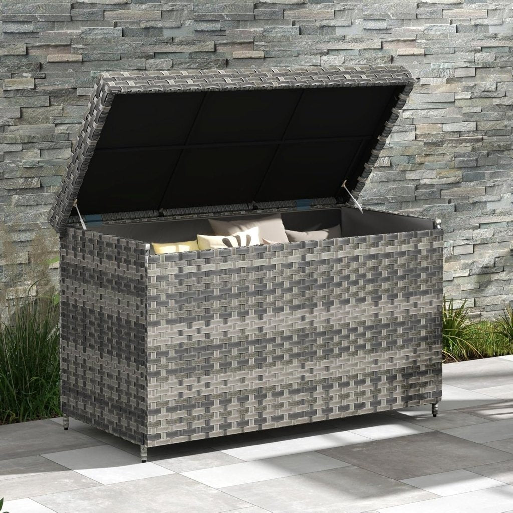 DWVO 70Gal Outdoor Storage Bench with Cushion & Composite Wood Backrest, All - Weather Wicker Deck Bench with Rustproof Bag, Poolside, Patio, Garden (Sand Beige) - Wigtrends
