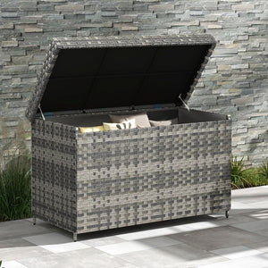 DWVO 70Gal Outdoor Storage Bench with Cushion & Composite Wood Backrest, All - Weather Wicker Deck Bench with Rustproof Bag, Poolside, Patio, Garden (Sand Beige) - Wigtrends