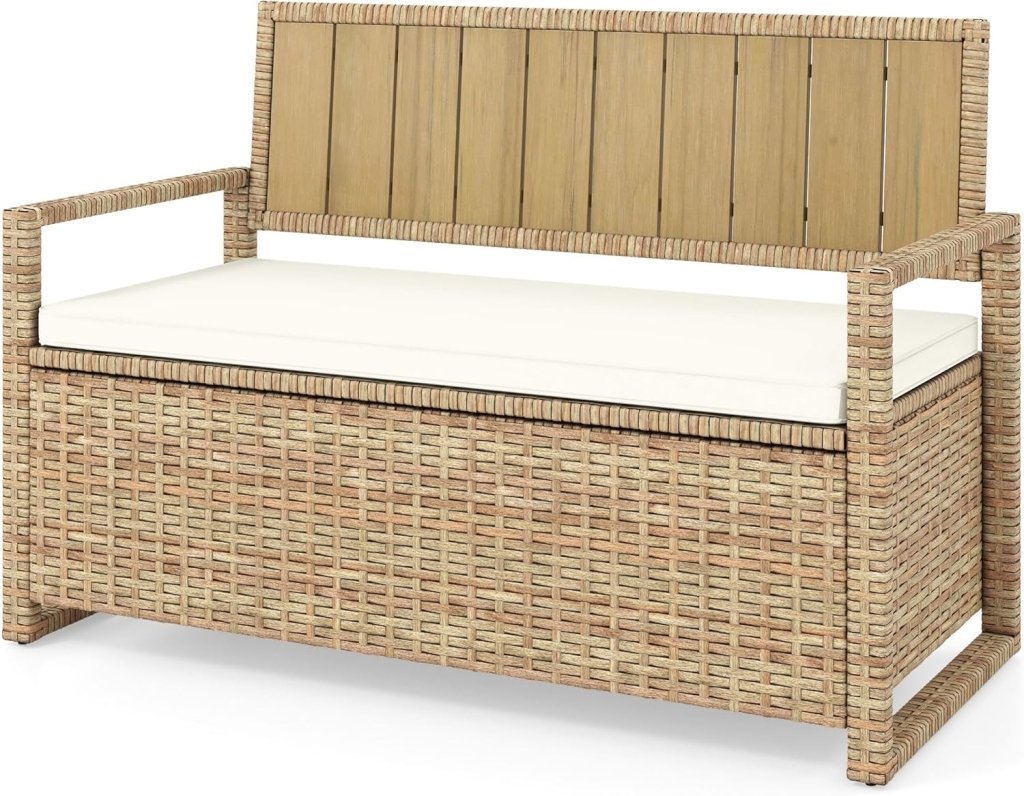 DWVO 70Gal Outdoor Storage Bench with Cushion & Composite Wood Backrest, All - Weather Wicker Deck Bench with Rustproof Bag, Poolside, Patio, Garden (Sand Beige) - Wigtrends
