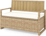 DWVO 70Gal Outdoor Storage Bench with Cushion & Composite Wood Backrest, All - Weather Wicker Deck Bench with Rustproof Bag, Poolside, Patio, Garden (Sand Beige) - Wigtrends
