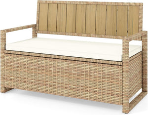 DWVO 70Gal Outdoor Storage Bench with Cushion & Composite Wood Backrest, All - Weather Wicker Deck Bench with Rustproof Bag, Poolside, Patio, Garden (Sand Beige) - Wigtrends
