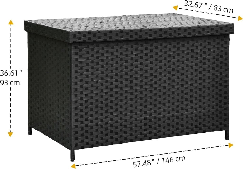 DWVO 70Gal Outdoor Storage Bench with Cushion & Composite Wood Backrest, All - Weather Wicker Deck Bench with Rustproof Bag, Poolside, Patio, Garden (Sand Beige) - Wigtrends