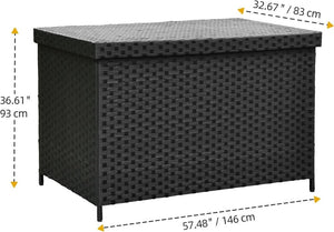 DWVO 70Gal Outdoor Storage Bench with Cushion & Composite Wood Backrest, All - Weather Wicker Deck Bench with Rustproof Bag, Poolside, Patio, Garden (Sand Beige) - Wigtrends