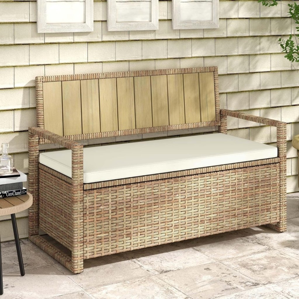 DWVO 70Gal Outdoor Storage Bench with Cushion & Composite Wood Backrest, All - Weather Wicker Deck Bench with Rustproof Bag, Poolside, Patio, Garden (Sand Beige) - Wigtrends