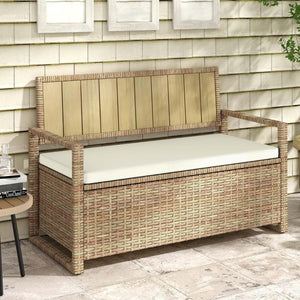 DWVO 70Gal Outdoor Storage Bench with Cushion & Composite Wood Backrest, All - Weather Wicker Deck Bench with Rustproof Bag, Poolside, Patio, Garden (Sand Beige) - Wigtrends