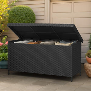 DWVO 70Gal Outdoor Storage Bench with Cushion & Composite Wood Backrest, All - Weather Wicker Deck Bench with Rustproof Bag, Poolside, Patio, Garden (Sand Beige) - Wigtrends