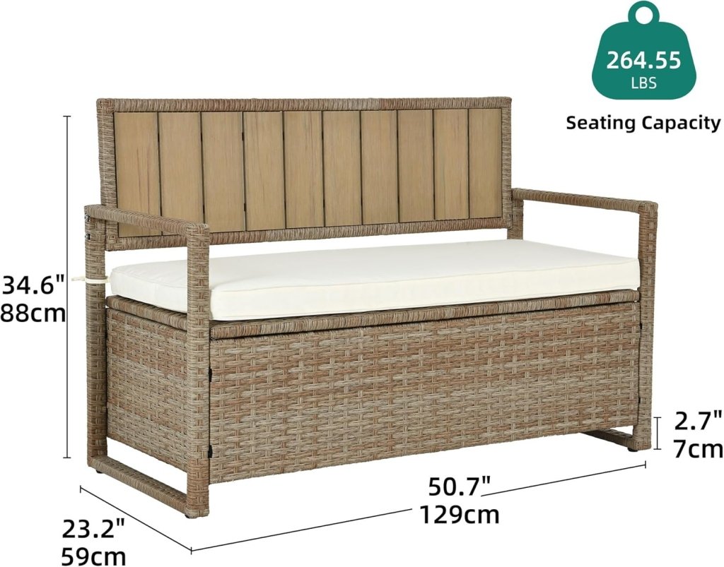 DWVO 70Gal Outdoor Storage Bench with Cushion & Composite Wood Backrest, All - Weather Wicker Deck Bench with Rustproof Bag, Poolside, Patio, Garden (Sand Beige) - Wigtrends