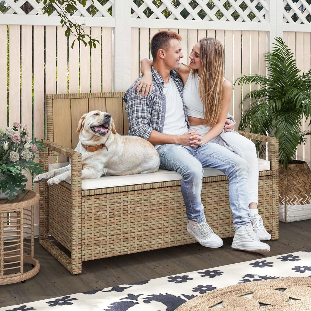 DWVO 70Gal Outdoor Storage Bench with Cushion & Composite Wood Backrest, All - Weather Wicker Deck Bench with Rustproof Bag, Poolside, Patio, Garden (Sand Beige) - Wigtrends