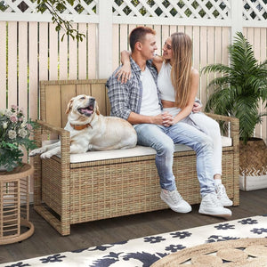 DWVO 70Gal Outdoor Storage Bench with Cushion & Composite Wood Backrest, All - Weather Wicker Deck Bench with Rustproof Bag, Poolside, Patio, Garden (Sand Beige) - Wigtrends