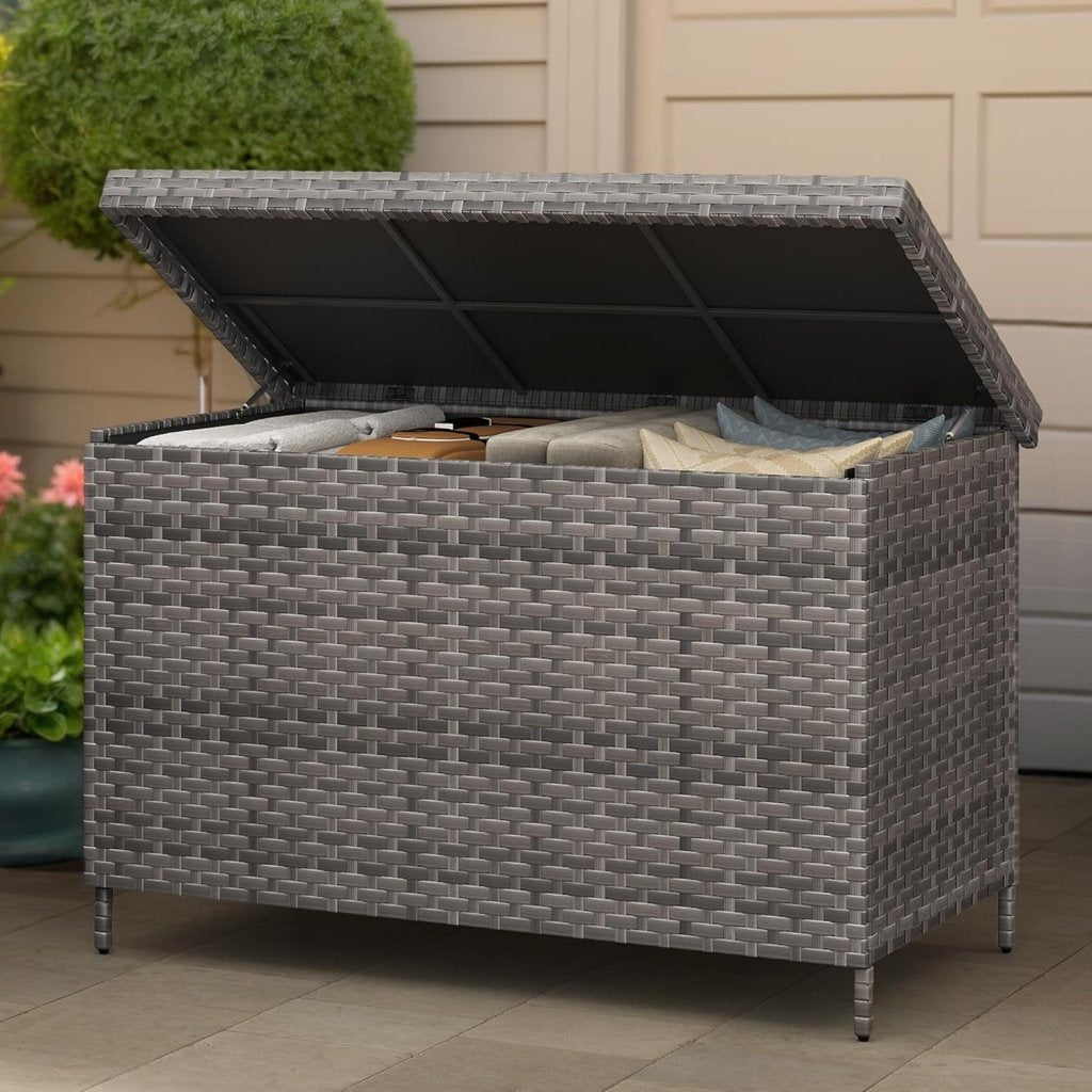 DWVO 70Gal Outdoor Storage Bench with Cushion & Composite Wood Backrest, All - Weather Wicker Deck Bench with Rustproof Bag, Poolside, Patio, Garden (Sand Beige) - Wigtrends