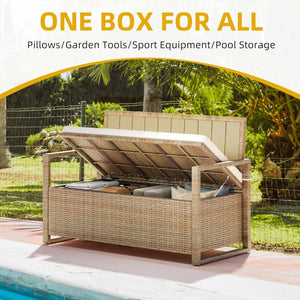 DWVO 70Gal Outdoor Storage Bench with Cushion & Composite Wood Backrest, All - Weather Wicker Deck Bench with Rustproof Bag, Poolside, Patio, Garden (Sand Beige) - Wigtrends