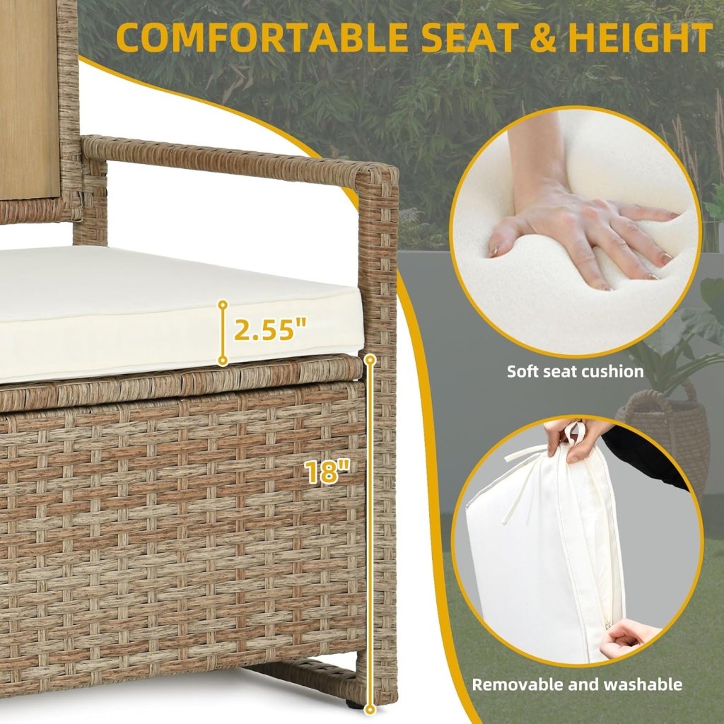 DWVO 70Gal Outdoor Storage Bench with Cushion & Composite Wood Backrest, All - Weather Wicker Deck Bench with Rustproof Bag, Poolside, Patio, Garden (Sand Beige) - Wigtrends