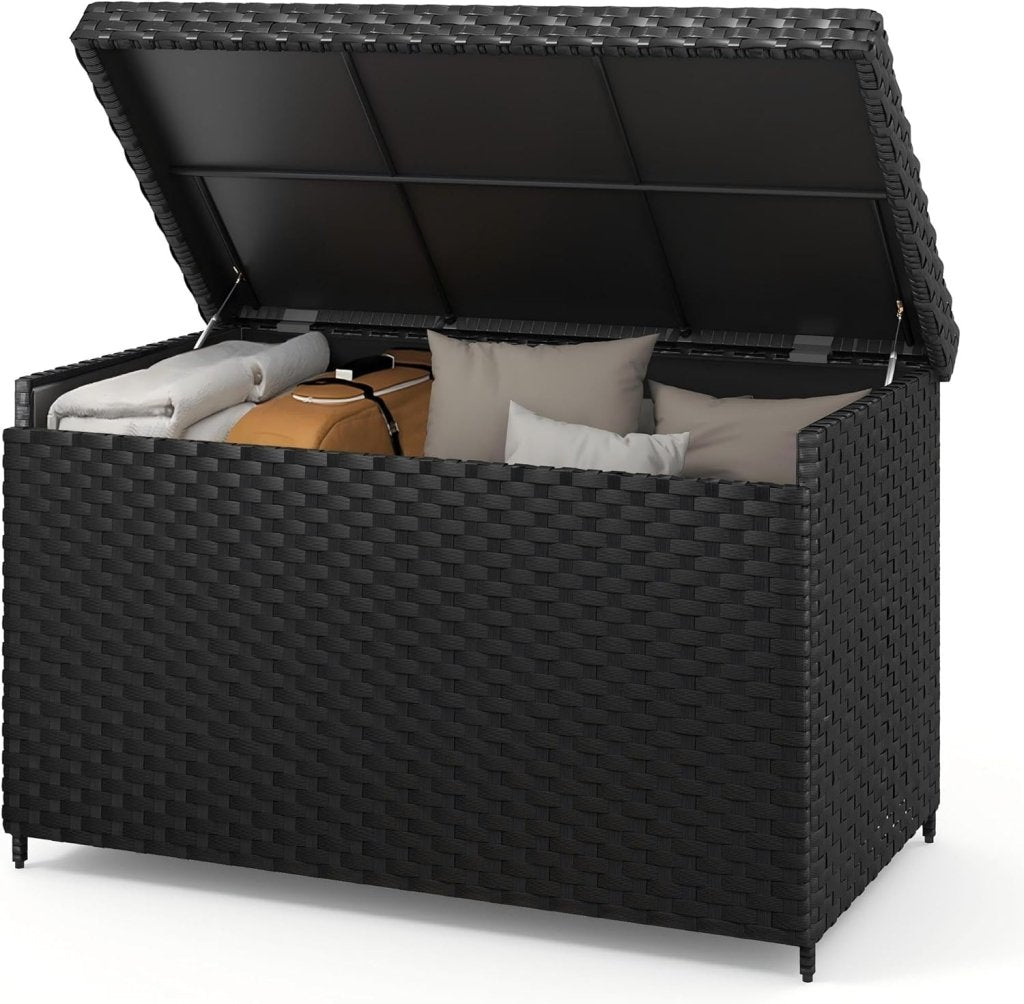 DWVO 70Gal Outdoor Storage Bench with Cushion & Composite Wood Backrest, All - Weather Wicker Deck Bench with Rustproof Bag, Poolside, Patio, Garden (Sand Beige) - Wigtrends