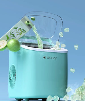 ecozy Portable Ice Maker Countertop, 9 Cubes Ready in 6 Mins, 26 lbs in 24 Hours, Self - Cleaning Machine with Ice Bags/Standing Ice Scoop/Ice Basket for Kitchen Office Bar Party, Aqua - Wigtrends