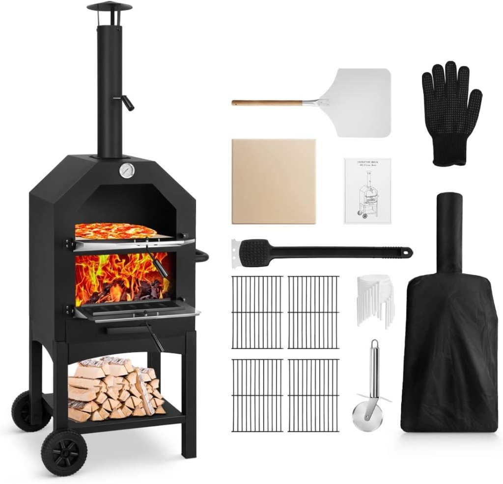 EDOSTORY Outdoor Pizza Oven, Wood Fired for Outside, Patio Maker With Stone, Peel, Grill Rack, and Waterproof Cover for Backyard Camping - Wigtrends