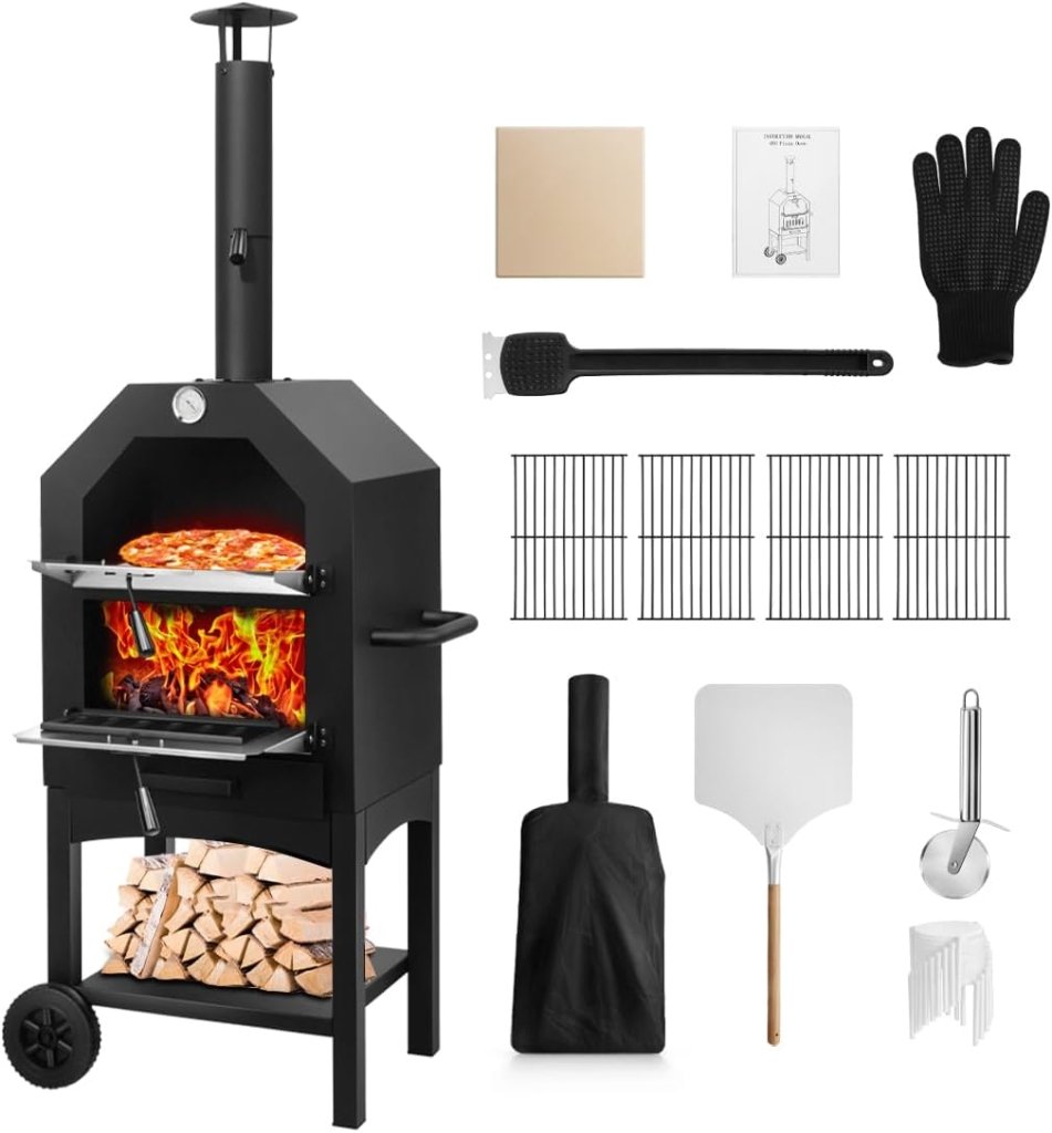 EDOSTORY Outdoor Pizza Oven, Wood Fired for Outside, Patio Maker With Stone, Peel, Grill Rack, and Waterproof Cover for Backyard Camping - Wigtrends