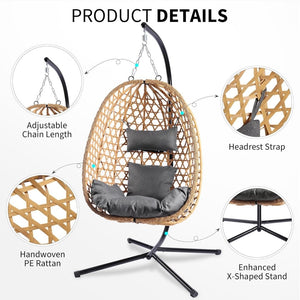Egg Chair with Stand, Patio Wicker Hanging Chair, Hammock Swing Chair, 350LBS Capacity for Bedroom, Balcony, Garden - Wigtrends