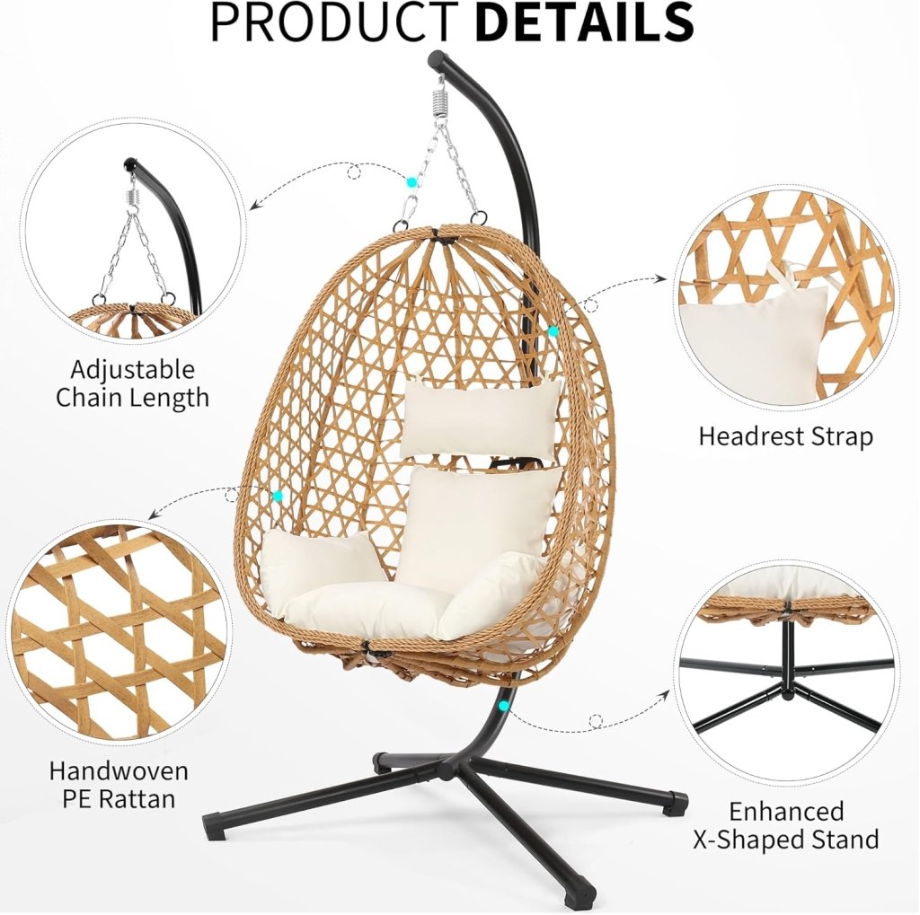 Egg Chair with Stand, Patio Wicker Hanging Chair, Hammock Swing Chair, 350LBS Capacity for Bedroom, Balcony, Garden - Wigtrends