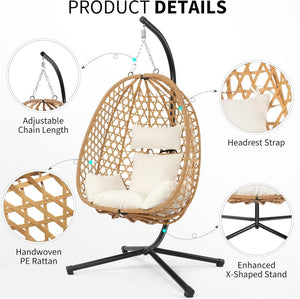 Egg Chair with Stand, Patio Wicker Hanging Chair, Hammock Swing Chair, 350LBS Capacity for Bedroom, Balcony, Garden - Wigtrends