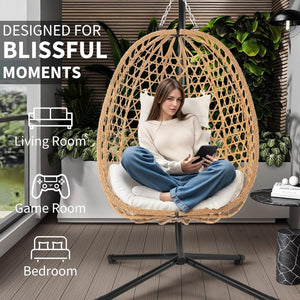 Egg Chair with Stand, Patio Wicker Hanging Chair, Hammock Swing Chair, 350LBS Capacity for Bedroom, Balcony, Garden - Wigtrends