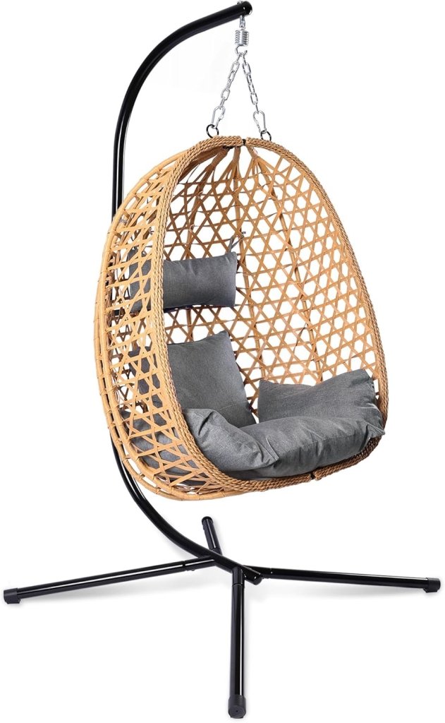 Egg Chair with Stand, Patio Wicker Hanging Chair, Hammock Swing Chair, 350LBS Capacity for Bedroom, Balcony, Garden - Wigtrends
