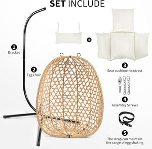 Egg Chair with Stand, Patio Wicker Hanging Chair, Hammock Swing Chair, 350LBS Capacity for Bedroom, Balcony, Garden - Wigtrends