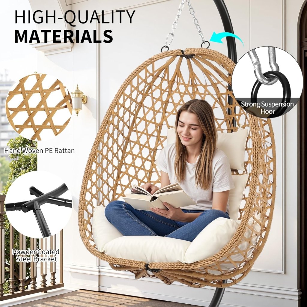 Egg Chair with Stand, Patio Wicker Hanging Chair, Hammock Swing Chair, 350LBS Capacity for Bedroom, Balcony, Garden - Wigtrends
