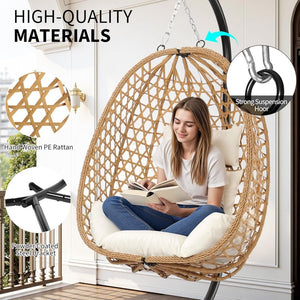 Egg Chair with Stand, Patio Wicker Hanging Chair, Hammock Swing Chair, 350LBS Capacity for Bedroom, Balcony, Garden - Wigtrends