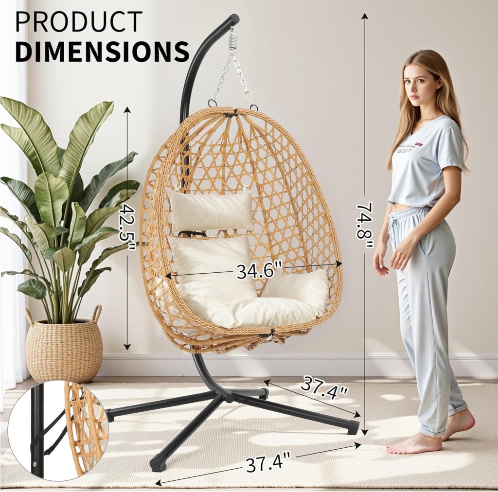Egg Chair with Stand, Patio Wicker Hanging Chair, Hammock Swing Chair, 350LBS Capacity for Bedroom, Balcony, Garden - Wigtrends