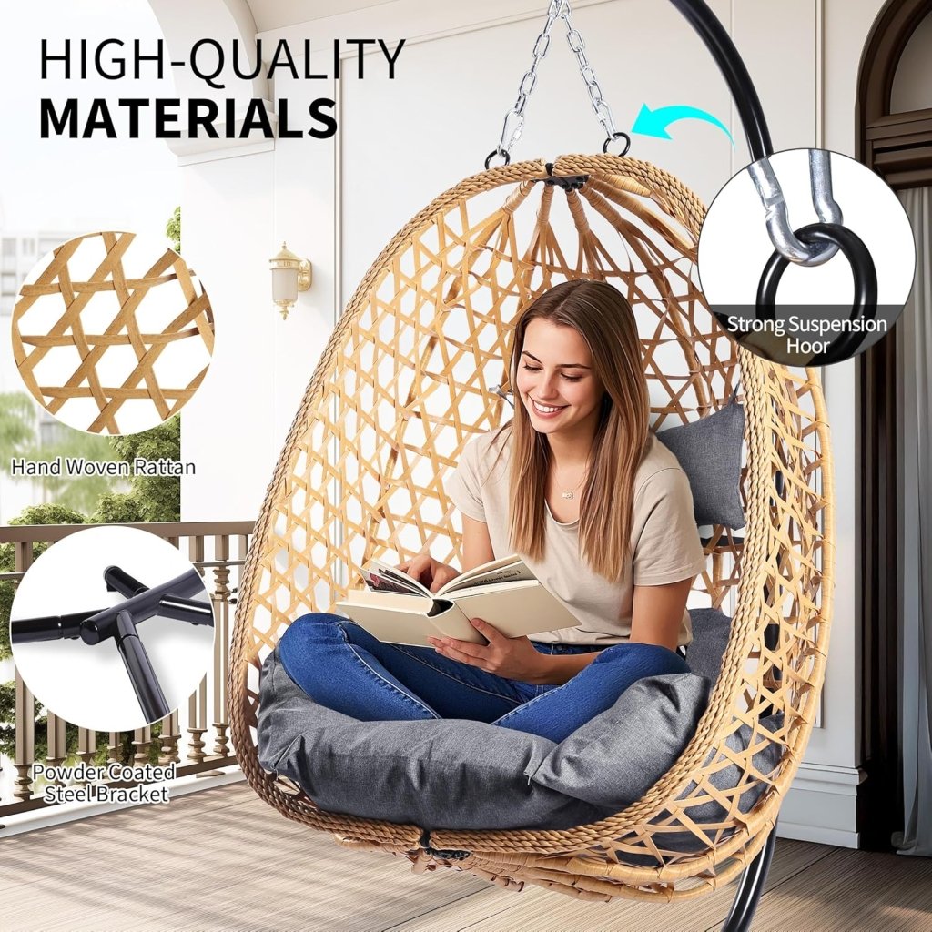 Egg Chair with Stand, Patio Wicker Hanging Chair, Hammock Swing Chair, 350LBS Capacity for Bedroom, Balcony, Garden - Wigtrends