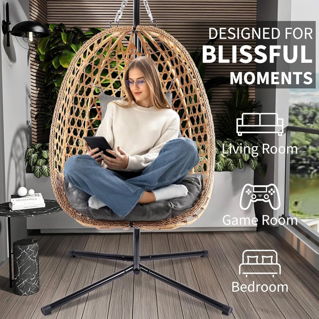 Egg Chair with Stand, Patio Wicker Hanging Chair, Hammock Swing Chair, 350LBS Capacity for Bedroom, Balcony, Garden - Wigtrends