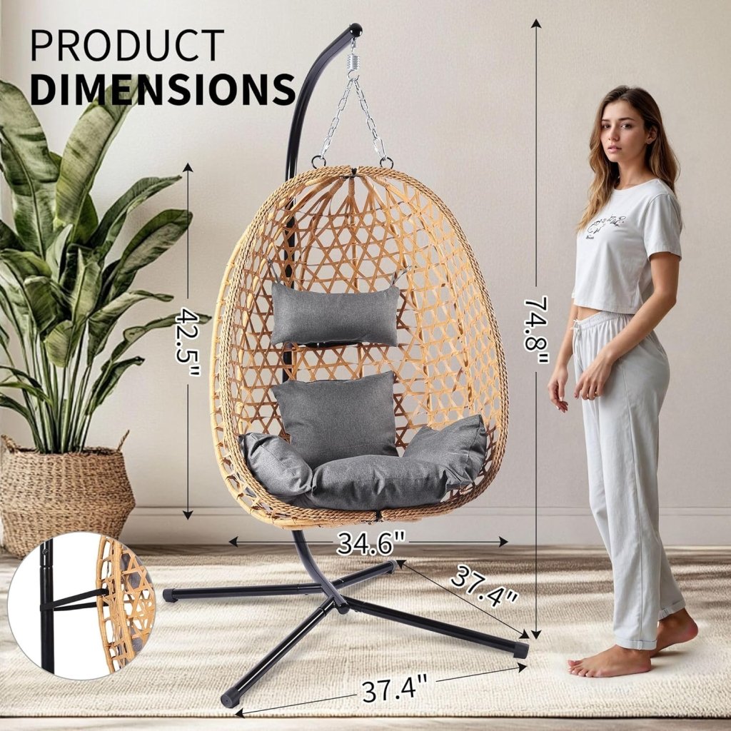 Egg Chair with Stand, Patio Wicker Hanging Chair, Hammock Swing Chair, 350LBS Capacity for Bedroom, Balcony, Garden - Wigtrends