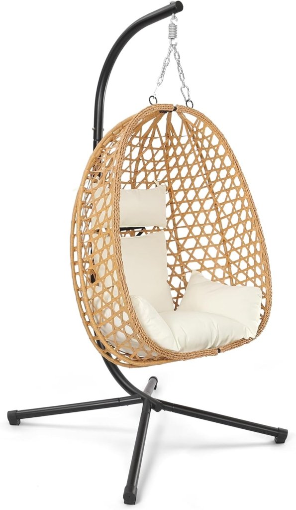 Egg Chair with Stand, Patio Wicker Hanging Chair, Hammock Swing Chair, 350LBS Capacity for Bedroom, Balcony, Garden - Wigtrends