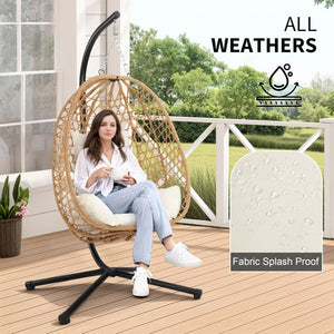 Egg Chair with Stand, Patio Wicker Hanging Chair, Hammock Swing Chair, 350LBS Capacity for Bedroom, Balcony, Garden - Wigtrends