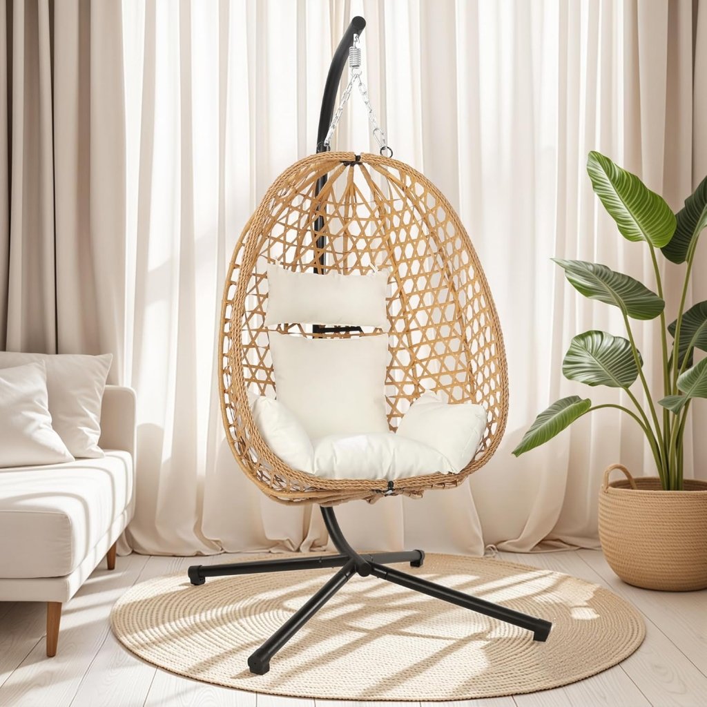 Egg Chair with Stand, Patio Wicker Hanging Chair, Hammock Swing Chair, 350LBS Capacity for Bedroom, Balcony, Garden - Wigtrends
