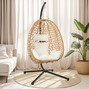Egg Chair with Stand, Patio Wicker Hanging Chair, Hammock Swing Chair, 350LBS Capacity for Bedroom, Balcony, Garden - Wigtrends