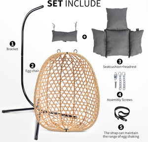 Egg Chair with Stand, Patio Wicker Hanging Chair, Hammock Swing Chair, 350LBS Capacity for Bedroom, Balcony, Garden - Wigtrends