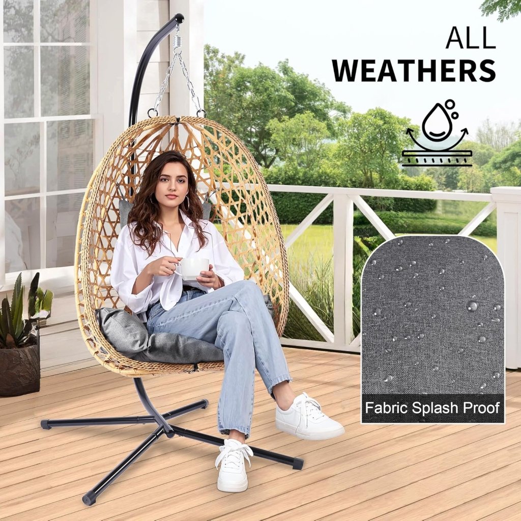 Egg Chair with Stand, Patio Wicker Hanging Chair, Hammock Swing Chair, 350LBS Capacity for Bedroom, Balcony, Garden - Wigtrends