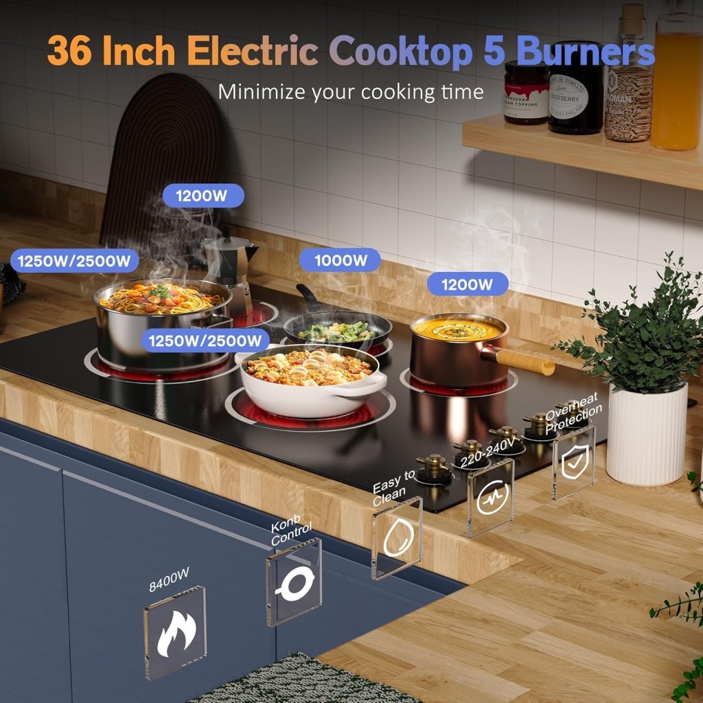 Electric Cooktop 30 Inch - 5 Burners Built - in Ceramic Cooktop, 30" Electric Stove Top with Glass Protection Metal Frame, 9 Heating Level, 8400W, 220 - 240V for Hard Wire(No Plug) - Wigtrends
