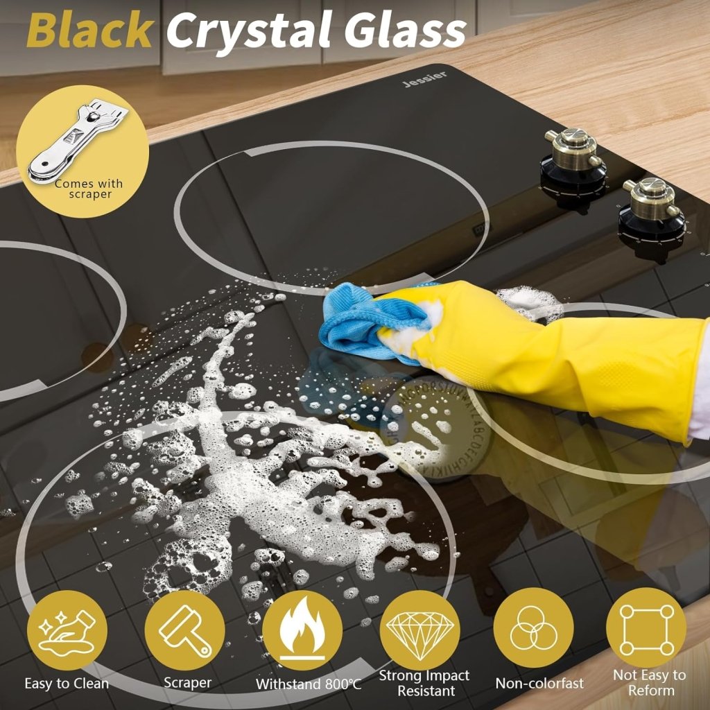 Electric Cooktop 30 Inch - 5 Burners Built - in Ceramic Cooktop, 30" Electric Stove Top with Glass Protection Metal Frame, 9 Heating Level, 8400W, 220 - 240V for Hard Wire(No Plug) - Wigtrends